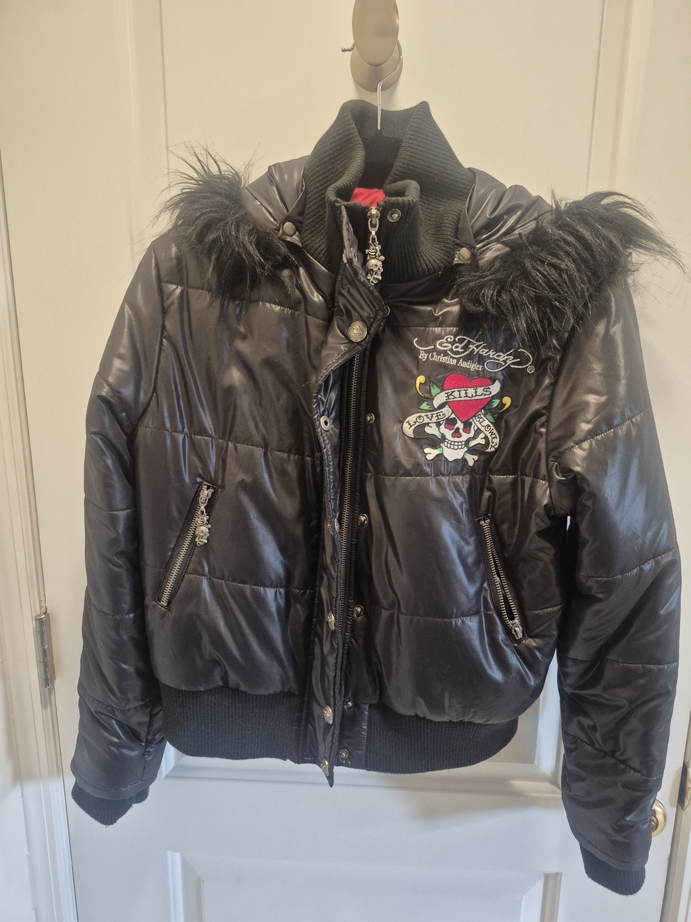 Ed Hardy Black Kids Puffer Jacket with Fur-Trim Hood and Skull Patch